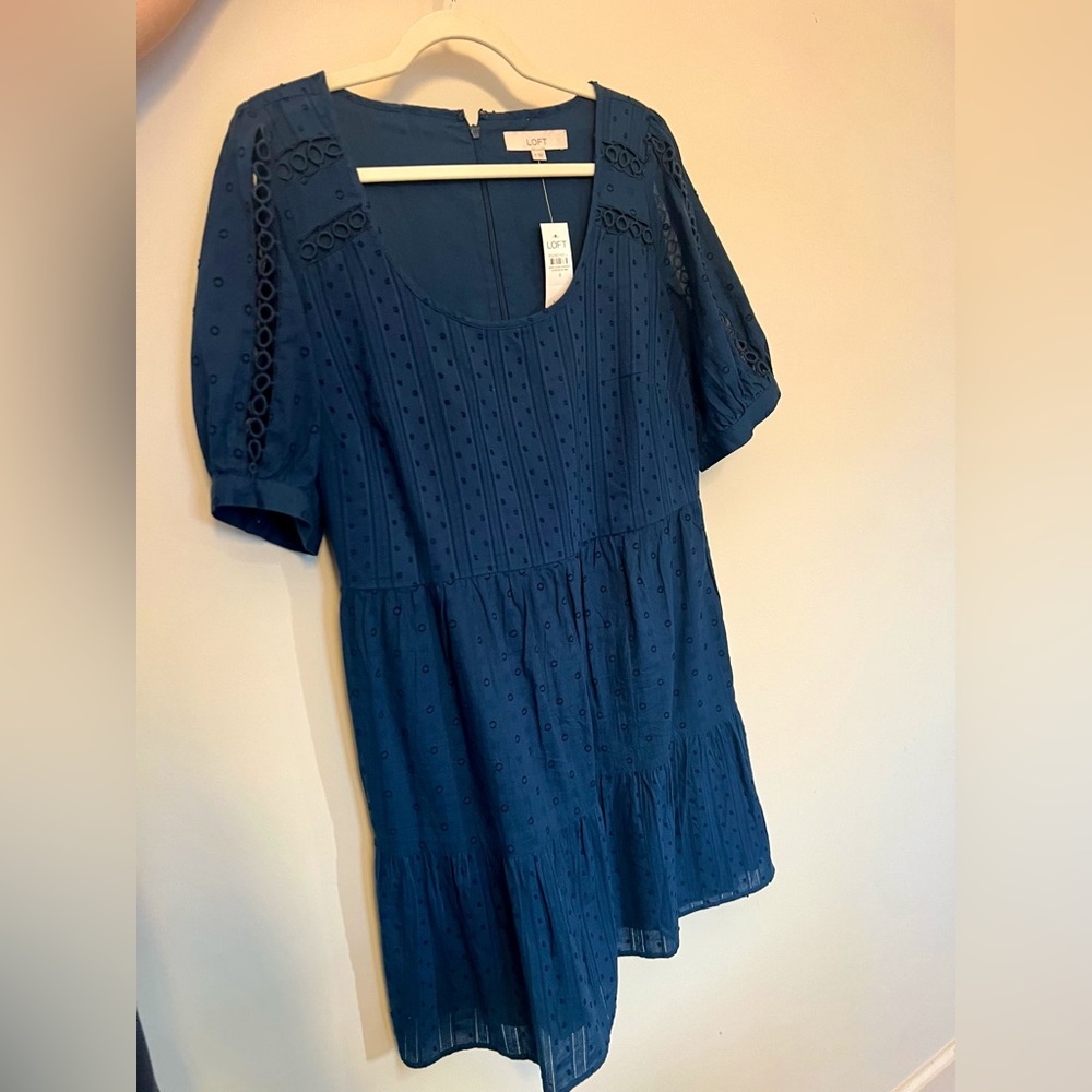 NWT LOFT Clip Mixed Media Scoop Neck Swing Dress - Size 8 - Blue